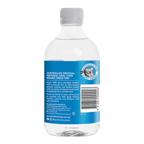 The right side of a clear bottle of mint flavoured, natural mouthwash with xylitol showing a description of the brand.