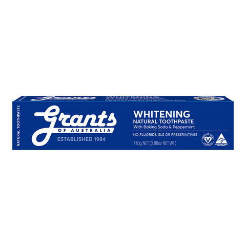 A box of whitening, natural toothpaste with baking soda and peppermint.