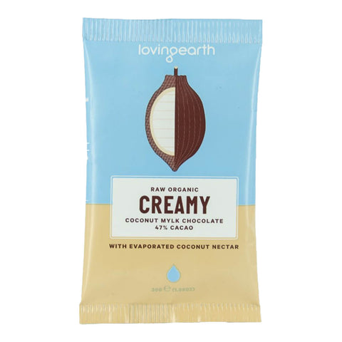 Organic, fair trade, vegan and gluten free coconut chocolate shown in its packet.