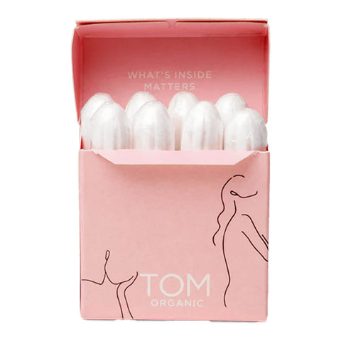 Pack of 16 organic cotton mini tampons open in a box, ideal for lighter flows of your period.
