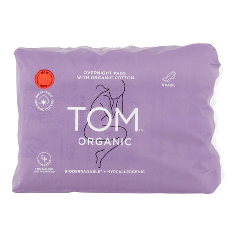 Pack of 8 overnight pads made with organic cotton and biodegradable material, featuring a wide back and an extra set of wings to support heavy night time flows.