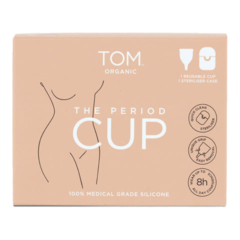 A reusable menstrual cup made from 100% medical grade silicone, shown in its packaging. The cup offers a sustainable and comfortable alternative to traditional menstrual products.