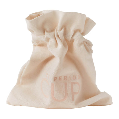 A cotton storage pouch for a reusable menstrual cup. Ideal for discreet and hygienic storage.