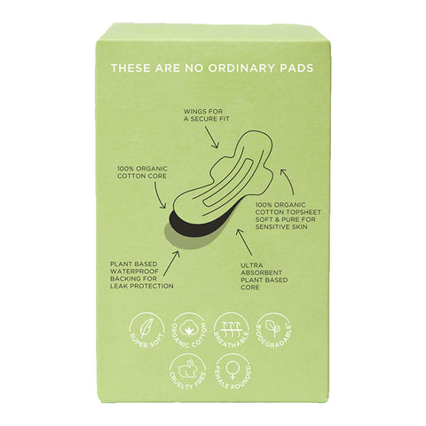 The back of a 10 pack box of regular ultra thin pads featuring product information. Packaging includes details about the pads' wings for security, 100% organic cotton and ultra absorbent material.