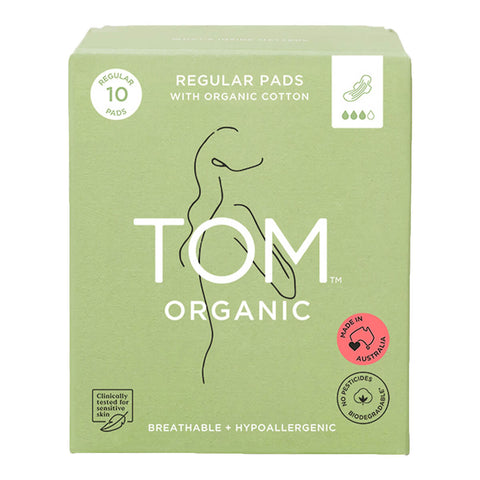 10 pack of regular ultra thin pads with wings suitable for a regular flow. Made with 100% organic cotton, and hypoallergenic, breathable and biodegradable material.