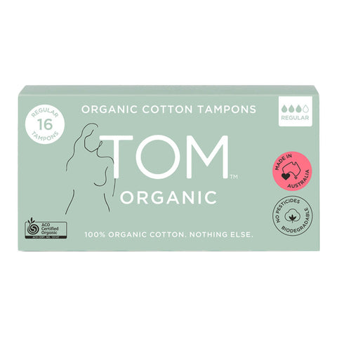 Box of 16 regular organic cotton tampons designed for medium flows. These tampons are biodegradable and hypoallergenic, offering a sustainable and gentle option for menstrual care.