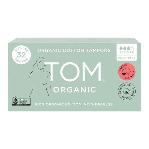 Box of 32 regular organic cotton tampons designed for medium flows. These tampons are biodegradable and hypoallergenic, offering a sustainable and gentle option for menstrual care.