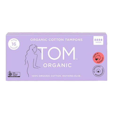 Box of 16 super organic cotton tampons designed for heavy flows. These tampons are biodegradable and hypoallergenic, offering a sustainable and gentle option for menstrual care.