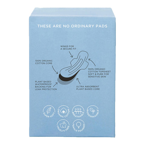 The back of a box of organic cotton ultra thin pads designed for a heavy flow or during the night. The packaging features details about its wings for security, 100% organic cotton and ultra absorbent material.