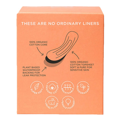 The back of a box of organic cotton ultra thin panty liners designed for everyday wear. The packaging features details about its 100% organic cotton and plant-based waterproof backing.