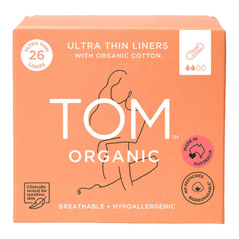 26 pack of organic cotton ultra thin panty liners designed for everyday wear. These liners are hypoallergenic for sensitive skin, doesn't have any synthetics or dyes, and is made of biodegradable material.