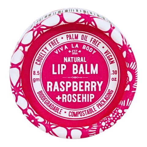 A cardboard pot of raspberry and rosehip natural lip balm.