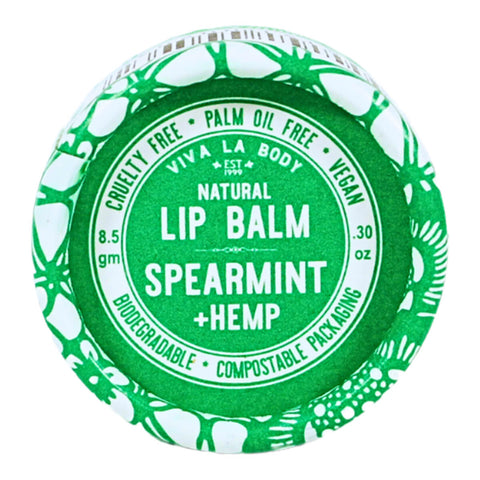 A cardboard pot of spearmint and hemp natural lip balm.