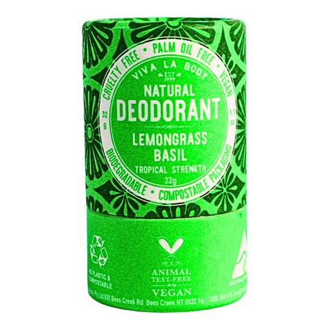 A 32g cardboard tube of lamongrass and basil natural dedorant.