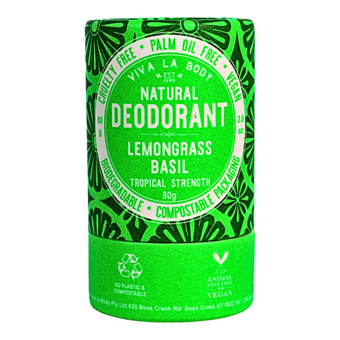 An 80g cardboard tube of lemongrass and basil natural deodorant.