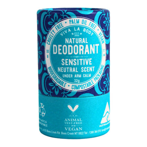 An 32g cardboard tube of neutral scented natural deodorant designed for sensitive skin.