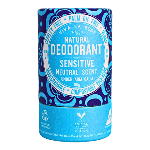 An 80g cardboard tube of neutral scented natural deodorant designed for sensitive skin.