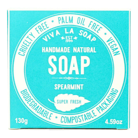 A box of handmade and natural Super Fresh, spearmint soap.