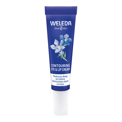 A tube of Weleda Contouring Eye & Lip Cream with blue gentian and edelweiss, a fragrance free, dermatologically tested, and highly effective formula that firms skin around the eyes, and diminishes dark circles, eye bags, and puffiness.