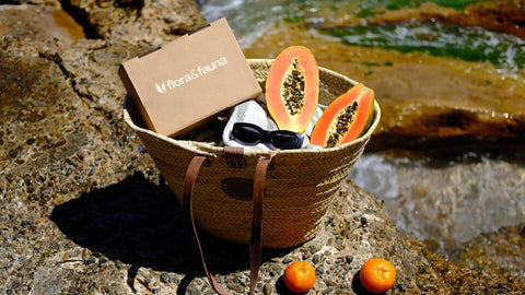 Rope Basket with Flora & Fauna Summer Beauty Box & sunglasses & halved paw paw