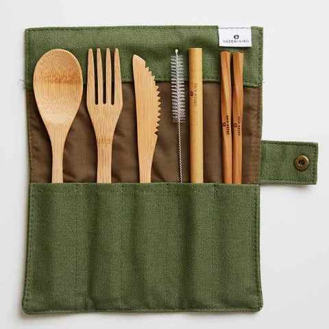 Bamboo Cutlery Roll-Up Set - Olive