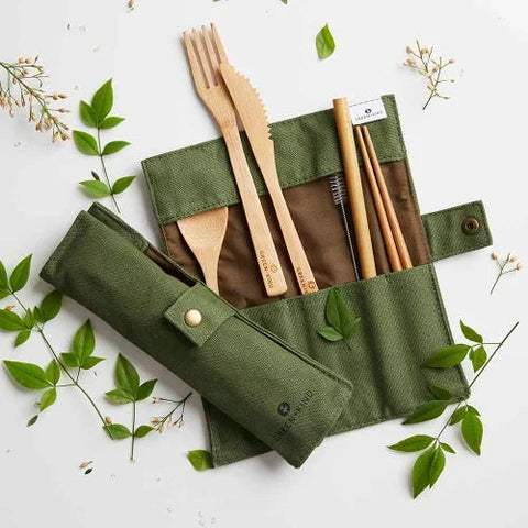 Bamboo Cutlery Roll-Up Set - Olive