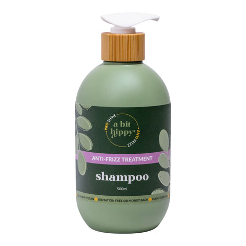500ml green bottle of A Bit Hippy Anti-Frizz Treatment Shampoo with bamboo lid and white pump.