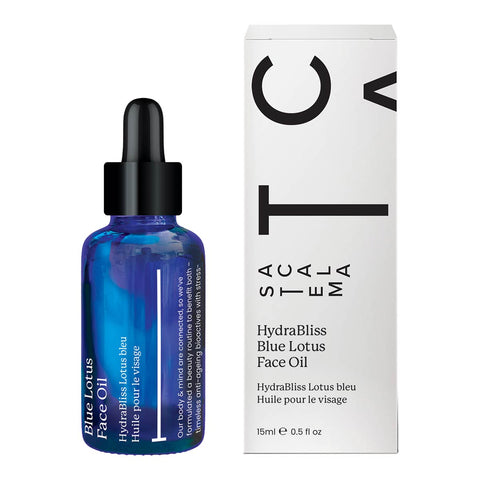Acala Stem 15ml bottle of HydraBliss Blue Lotus Face Oil with white packaging on a white background.