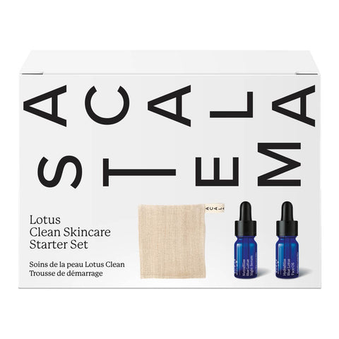 Acala Stem Lotus Clean Skincare Starter Set - white packaging with face oil, serum and cloth pictured on the front.