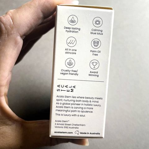 Side of Acala Stem skincare starter set packaging. Cruelty-free and vegan, palm oil free, deep hydration, calming blue lotus.