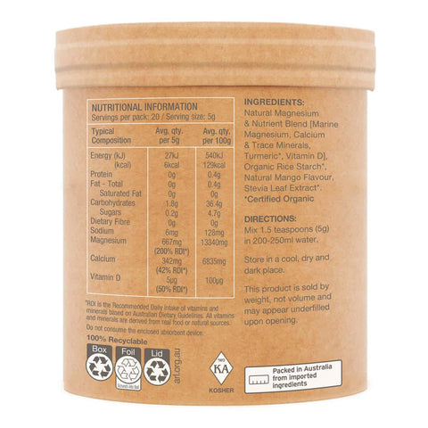 Side of muscle magnesium container with nutritional information and ingredients.