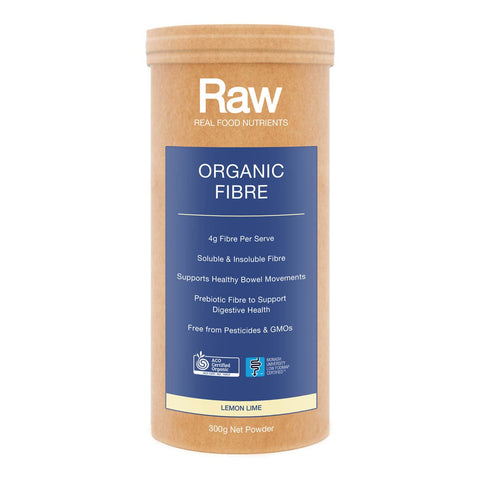Front of container of Amazonia Raw Organic Fibre - Lemon Lime 300g. Low FODMAP ingredients.