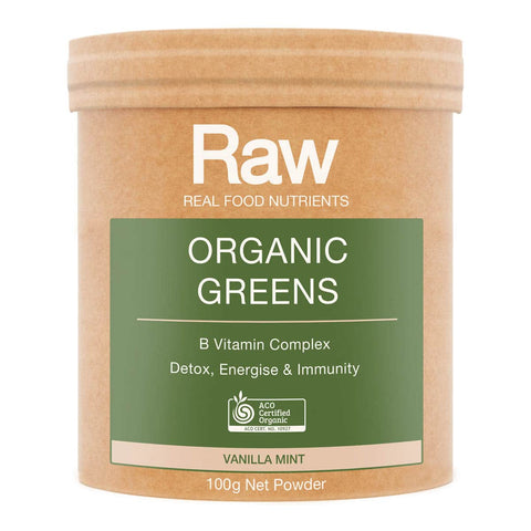 Front of container of Amazonia Raw Organic Greens - Vanilla Mint 100g. 
