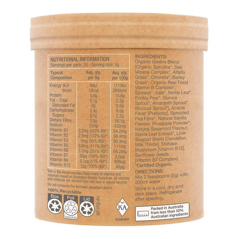 Side of container of Raw Organic Greens with nutritional information panel and ingredients.