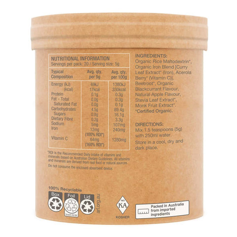 Side of organic iron apple blackcurrant with nutritional information panel and ingredients.