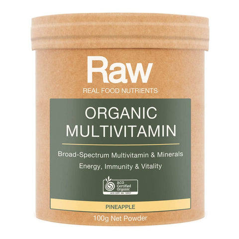 Front of container of Amazonia Raw Organic Multivitamin - Pineapple flavour. For energy, immunity & vitality.
