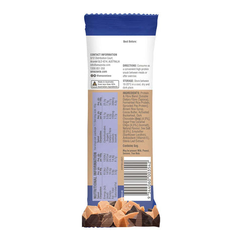 Back view of a protein bar packaging with text and nutritional information.
