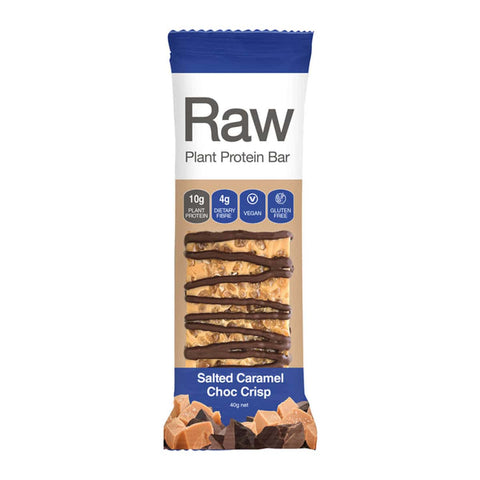 Front of single raw plant protein bar. Salted caramel choc crisp flavour. 4g of dietary fibre, 10g protein. Vegan & gluten-free.