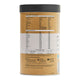 Protein powder container with nutritional information and usage instructions on a white background.