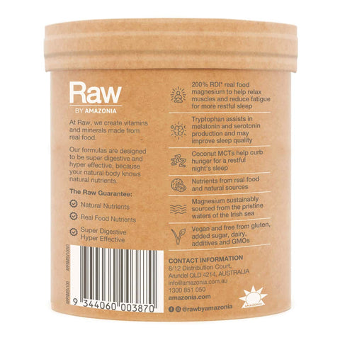 Back of Amazonia Raw Sleep Magnesium - Dreamy Vanilla with product highlights.