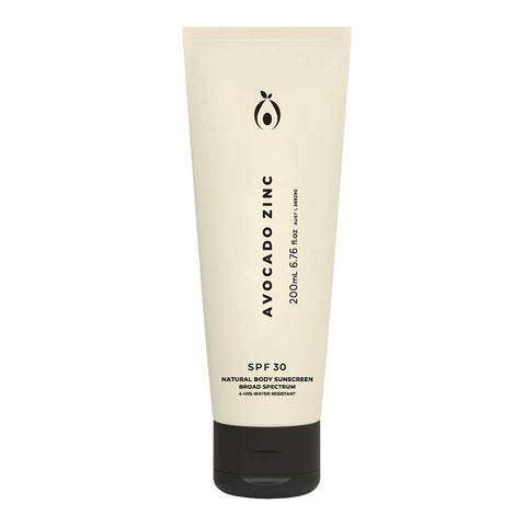Tube of 200ml Avocado Zinc SPF30 Natural Body Sunscreen on a white background. Broad spectrum and 4 hrs water resistant.