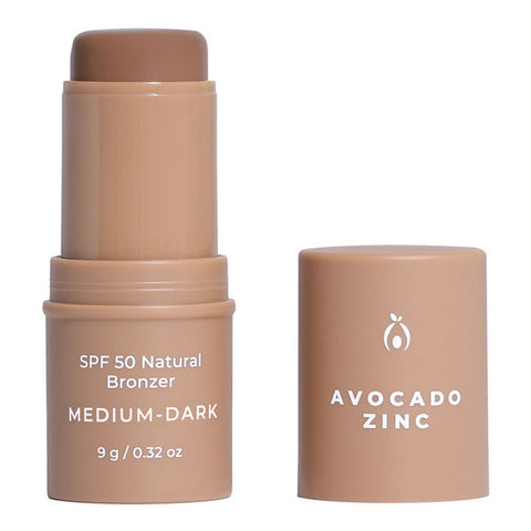 SPF 50 Natural Bronzer stick in Medium - Dark shade with 'Avocado Zinc' branding on a white background.