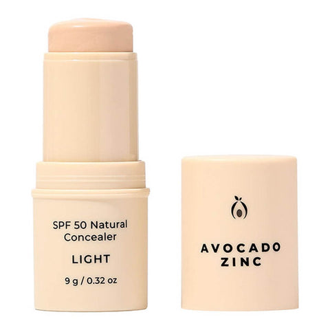 Avocado Zinc SPF50 Natural Concealer stick in Light. Light beige packaging. 