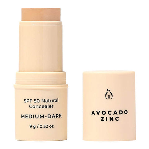 Avocado Zinc SPF50 Natural Concealer stick in Medium-Dark. Light beige packaging. 