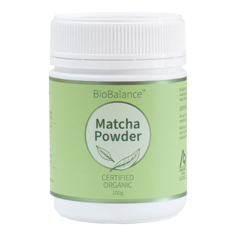 Jar of BioBalance Matcha Powder on a white background.