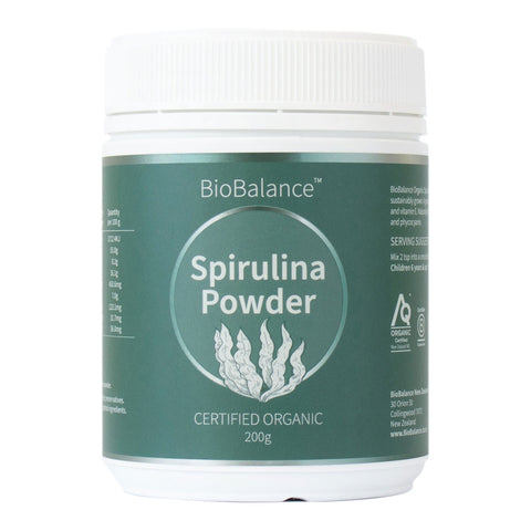 BioBalance Spirulina Powder container on a white background. Green label with illustrated spirulina.