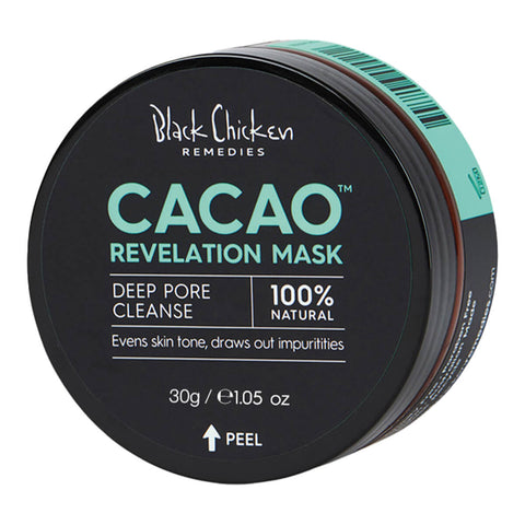 A jar of an organic, deeply purifying mask made with raw cacao that reduces inflammation and promotes skin regeneration to reduce the effects of acne, problem skin and ageing.