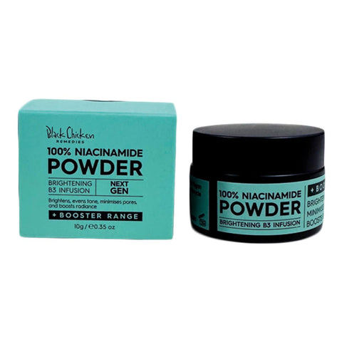 Black Chicken Remedies 100% Niacinamide Powder 10g packaging with teal box and black jar.
