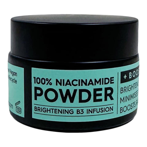 Jar of Black Chicken Remedies 100% Niacinamide Powder 10g with black lid.