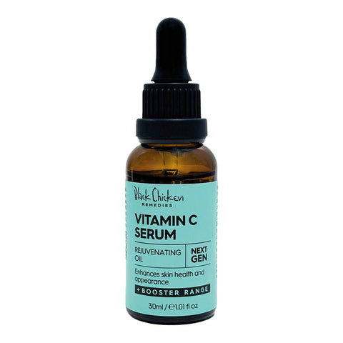 A dropper bottle of vitamin C serum, a concentrated formula containing a blend of antioxidants and collagen-boosting properties designed to improve the appearance of fine lines and brighten skin.